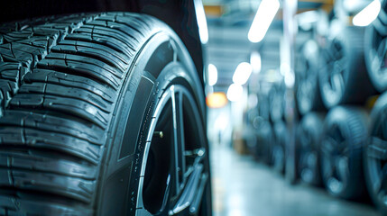 Rows of new car tires on display at an automotive store, showcasing variety and tread patterns in a retail setting.