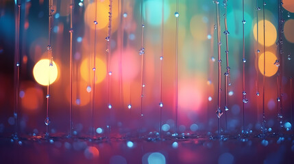 Raindrops on the windowpane with blurry city lights and traffic lights in the background, capturing the essence of a rainy night in the city - obrazy, fototapety, plakaty