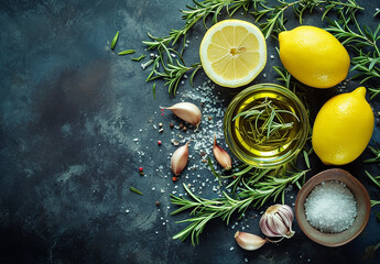 Lemon, rosemary, garlic, salt and olive oil. Ingredients for mediterranean cuisine cooking. Top down view