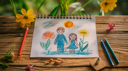 happy dad and daughter toddler drawing with color pencil