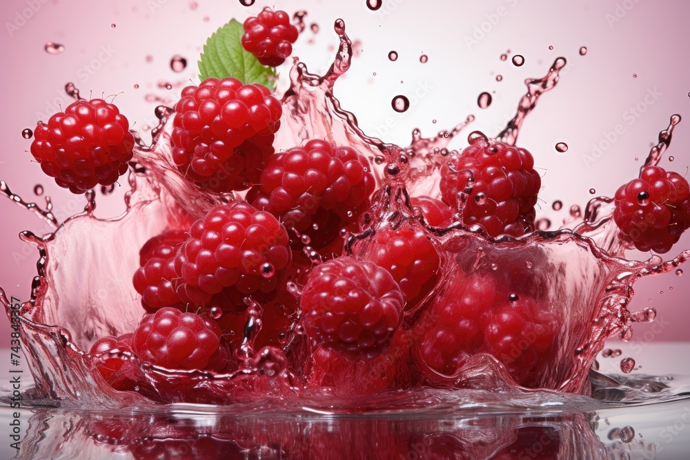 Fototapete A vibrant bunch of raspberries plummeting gracefully into a pool of crystal clear water, creating a mesmerizing splash of color and texture