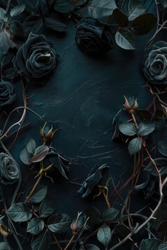 Extremely dark green concrete wall surface background. Intricate creative floral frame with black roses. Vignette fantasy rose frame. Twigs, branches, leaves, ivy, vines intertwined with lush flowers.