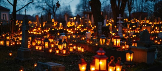 All Saints' Day commemoration with an assortment of grave lanterns near the cemetery.