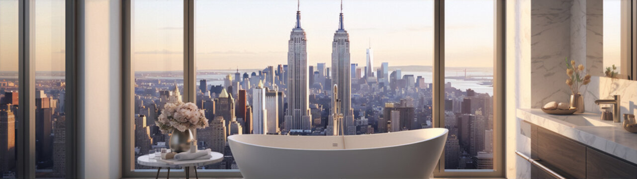 Cityscape photography of New York City skyline with a modern bathroom interior in warm colors