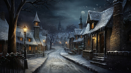 Naklejka premium village scene in rainy day. rainy night in a snowy village flurries of snow