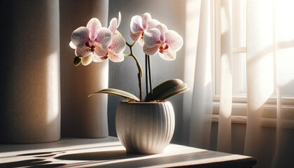 A white vase brims with delicate pink flowers, casting a soft glow by the window as sunlight filters through the petals
