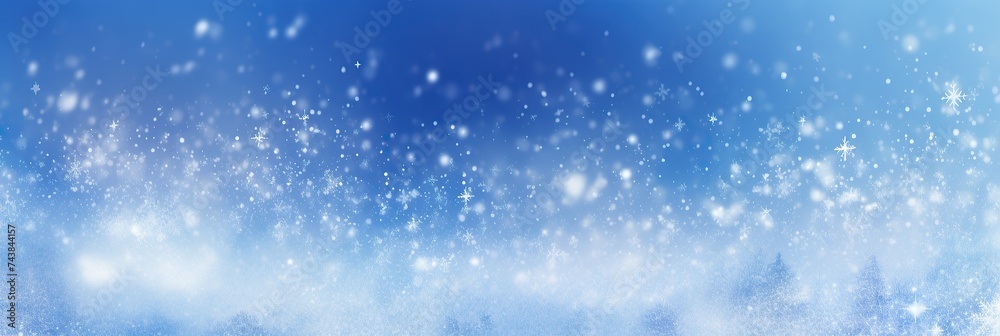 Poster an abstract winter banner background with snowflakes gently falling on a blue gradient, ideal for se