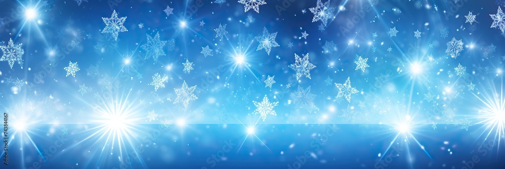 Poster a mesmerizing blue background adorned with intricate snowflakes and twinkling stars in a whimsical d