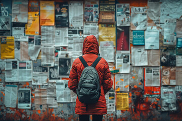 Person in Red Jacket Standing in Front of Wall of Newspapers - obrazy, fototapety, plakaty