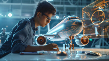 A 3D animator bringing to life a cutting edge airplane prototype highlighting its advanced engineering features in a visually striking manner