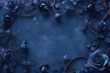 Dark blue surface wall made of concrete and gran. Intricate creative floral frame with blue roses. Vignette fantasy rose frame. Twigs, branches, leaves, ivy, vines intertwined with lush flowers.