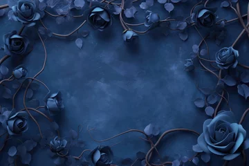 Fotobehang Dark blue surface wall made of concrete and gran. Intricate creative floral frame with blue roses. Vignette fantasy rose frame. Twigs, branches, leaves, ivy, vines intertwined with lush flowers. © ana