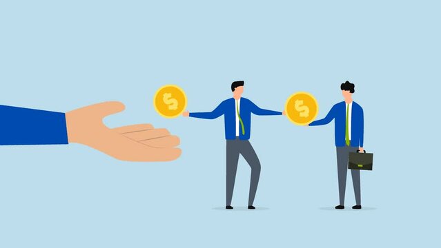 4k Animation Living paycheck to paycheck, The weary businessman picks up dollar coin and uses it to settle his creditor debt.