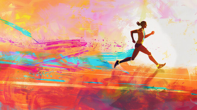 A runner crossing a vibrant finish line illustrated by a digital artist