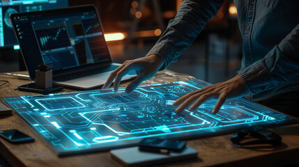 An AI generated hologram blueprint being manipulated by an engineer on a laptop