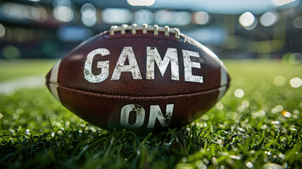 Generative AI, American football ball on the green game field with words Game On