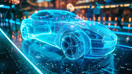 D animate a hologram infused car surrounded by a captivating unique backdrop