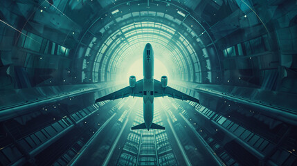 Design a futuristic world with an airplane as the focal point seen from below in a mesmerizing backdrop