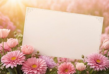 Mockup with a rectangular blank paper in wildflower field against the pink background, Card template,  Printable party invitation design, postcard, mail, Generative AI