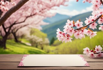 Cherry blossom in spring on landscape background with sakura, card mockup, postcard, Generative AI