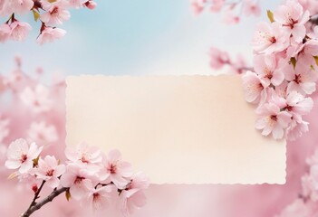 Fototapeta na wymiar Card template with empty space of cherry blossom under clear blue sky in Springtime, petals in the wind, Card Design. Generative AI
