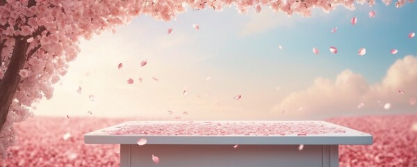 Podium for product presentation with pink petals of sakura and cherry blossom background, springtime, Generative AI