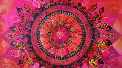 A vibrant pink mandala with intricate patterns, symbolizing balance and harmony, ideal for a contemporary art exhibition.