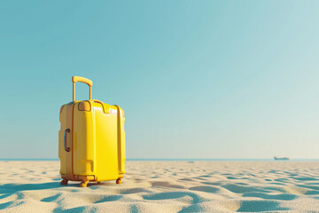 A yellow suitcase on a sandy beach, perfect for travel concept