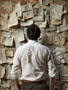 Man Standing in Front of Wall of Newspapers