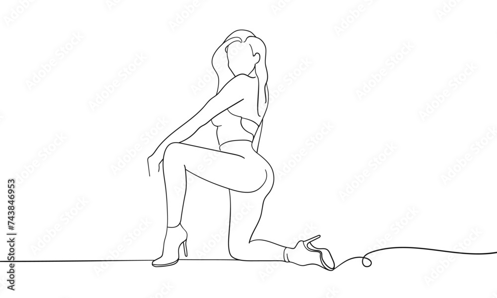 Wall mural dancing girl in line art style on a white background. fitness model. vector illustration