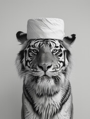 Tiger with a Toilet Roll Turban in Black and White
