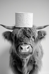 Highland Cow with Toilet Paper Hat in Black and White
