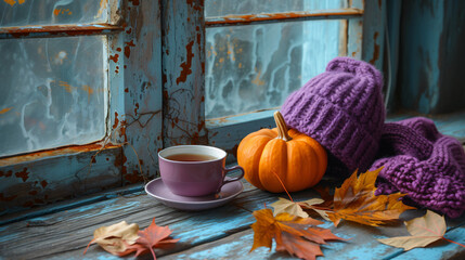 Autumn background with pumpkins purple felt hat  - obrazy, fototapety, plakaty