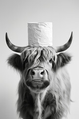 Highland Cow with Toilet Paper Hat in Black and White
