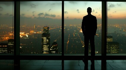 Fototapeta na wymiar Man Standing in Front of Window Overlooking City