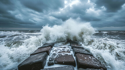 Autumn storm rocks baltic sea with powerful waves - obrazy, fototapety, plakaty