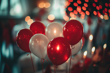 A vibrant bunch of red and white balloons on a stick