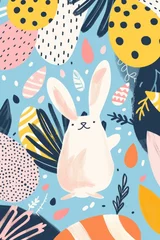 Gordijnen Easter rabbit modern colorful illustration, with egg for greeting card © thesweetsheep