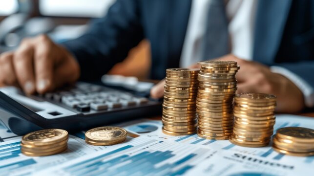 Man Calculating With Stacks of Coins