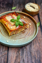 Cannelloni bolognese and parmesan cheese  on a wooden rustic  background.Home made italian meal
