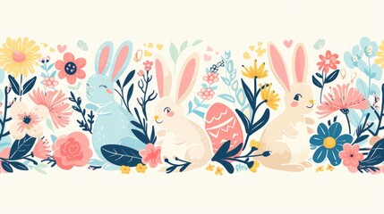 Cute hand drawn Easter horizontal for greeting card, cartoon illustration in white background