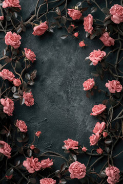 Grainy old black concrete wall surface background. Intricate creative floral frame with pink roses. Vignette fantasy rose frame. Twigs, branches, leaves, ivy, vines intertwined with lush flowers.