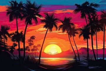 Colorful silhouette of palm trees at sunset. Sunset among palm trees on the seashore.