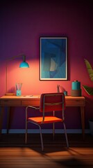 A desk and chair in a room with colorful neon lighting. Modern Work desk. vertical orientation