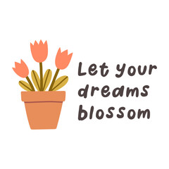 Hello spring quotes. Floral springtime hand drawn prints design. Positive phrases for stickers, postcards or posters