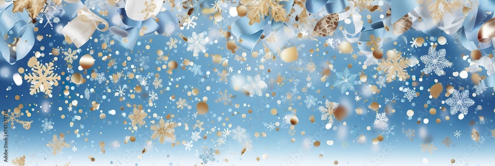 Poster a festive scene with a backdrop of blue and gold colors, adorned with intricate snowflakes falling g