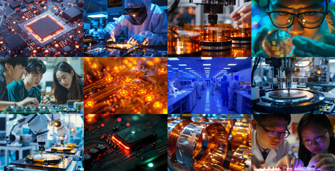 Future of electronics. Collage of various high-tech electronic processes and education in laboratory. Technology and human skill intertwine.