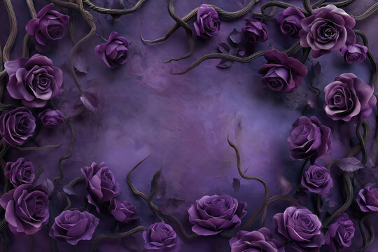 Dark grunge purple concrete wall background. Intricate creative floral frame with purple roses. Vignette fantasy rose frame. Twigs, branches, leaves, ivy, vines intertwined with lush flowers.