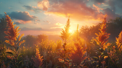 Goldenrod bathed in the warm glow of a sunset, using cinematic framing to evoke a serene atmosphere. - obrazy, fototapety, plakaty