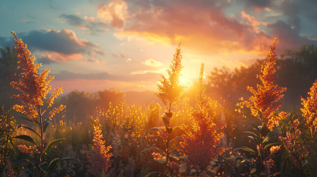 Goldenrod bathed in the warm glow of a sunset, using cinematic framing to evoke a serene atmosphere.